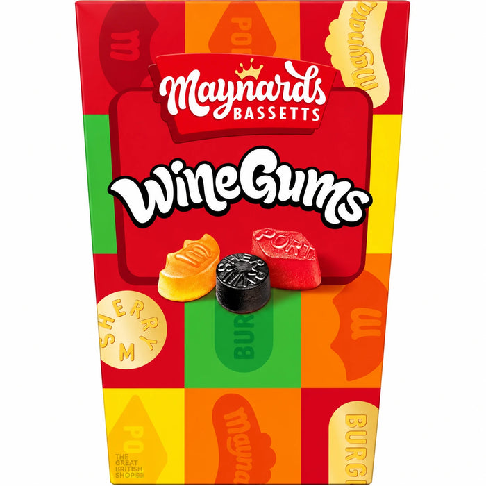 Maynards Bassetts Wine Gums 300g, front of the new multicolour carton with red logo panel and fruit-flavoured sweets pictured.