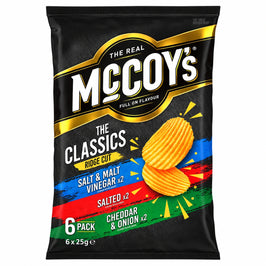 McCoy's Classic Variety six-pack, black outer bag with blue, red and green flavour panels.