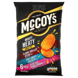 McCoy’s Mighty Meaty six-pack crisps, in a black bag listing Steak, Thai Sweet Chicken and Sizzling King Prawn flavours.