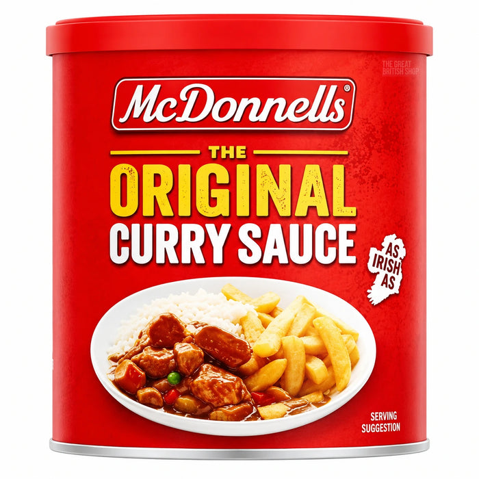 McDonnells Original Curry Sauce 250g red tub, with a serving suggestion of curry, rice and chips.
