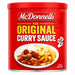McDonnells Original Curry Sauce 250g red tub, with a serving suggestion of curry, rice and chips.