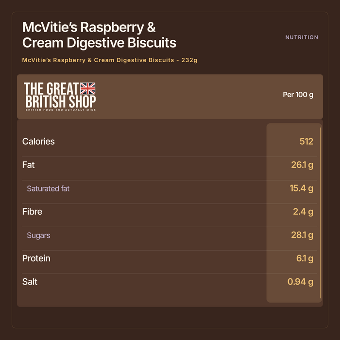 McVitie’s Raspberry & Cream Digestive Biscuits - 232g nutrition summary: Per 100 g. The Great British Shop.