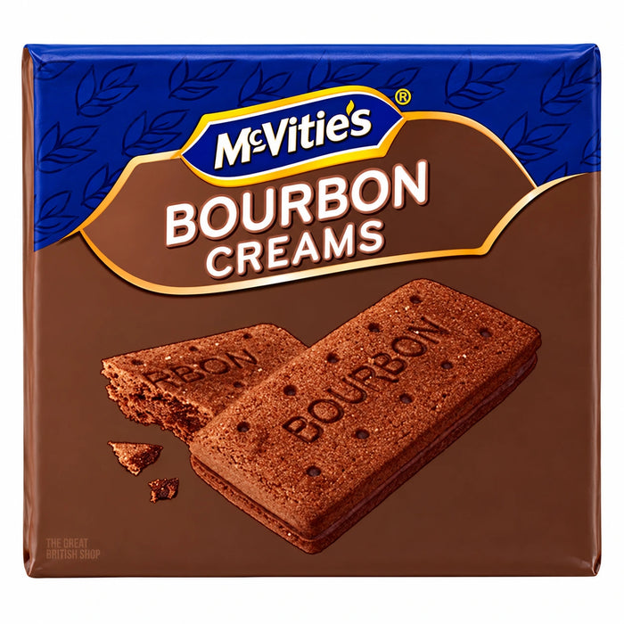 McVitie's Bourbon Creams 300g, blue and brown packet showing chocolate sandwich biscuits.