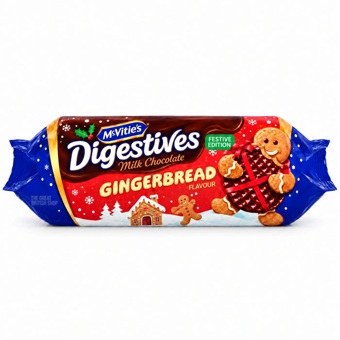 Mcvitie's Gingerbread Flavour Milk Chocolate Digestives - 266g, front view of the UK packaging