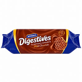 McVitie’s Milk Chocolate Digestives 266g, shown straight on in the brown and blue wrapper with a bitten chocolate biscuit and gold Baking Since 1839 emblem.