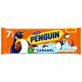 McVitie’s Penguin Caramel seven-pack, with an orange wrapper, penguin illustrations and a blue milk splash.