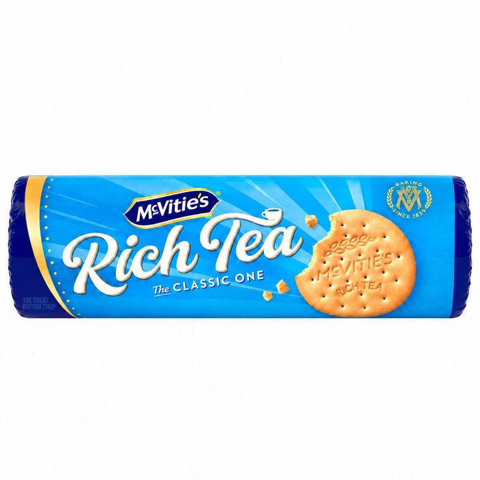McVitie’s Rich Tea The Classic One biscuits 300g, shown straight on in a blue wrapper with a bitten Rich Tea biscuit and gold Baking Since 1839 emblem.
