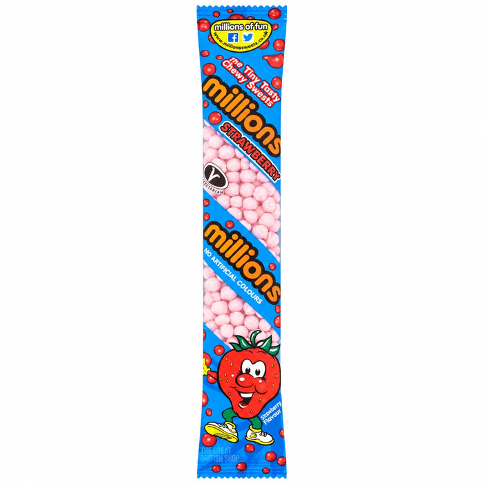 Millions Strawberry Tube - 55g, front view of the product packaging