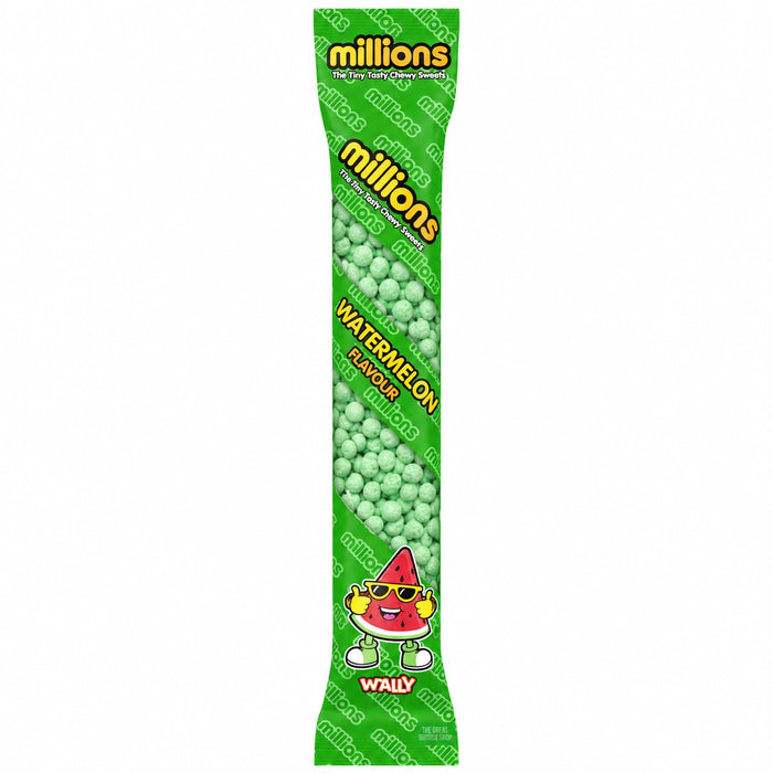 Millions Watermelon 55g slim sweet tube, with a green wrapper, visible green sweets and Wally watermelon character.