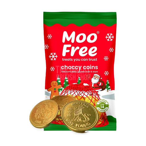 Moo Free Choccy Coins - 49g imported British grocery product available in Canada