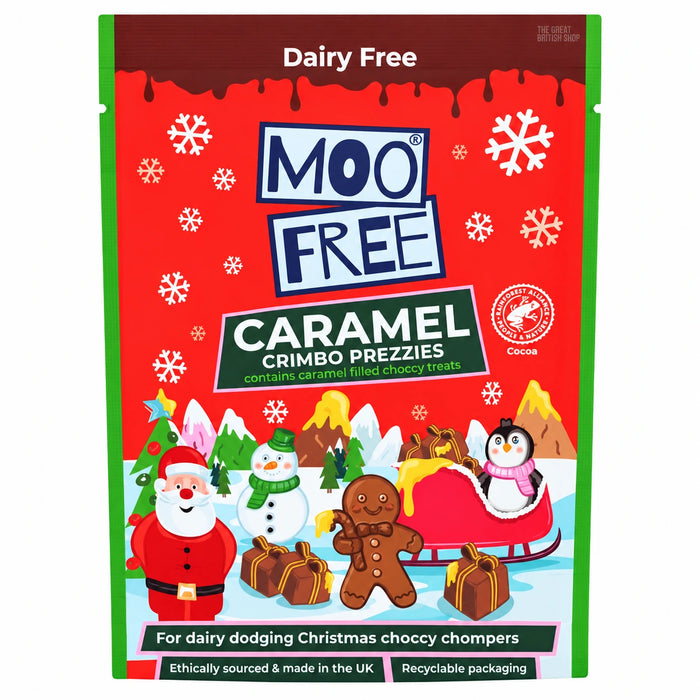 Moo Free Caramel Crimbo Prezzies 65g, red festive pouch with Santa, a snowman and caramel-filled chocolate illustrations.