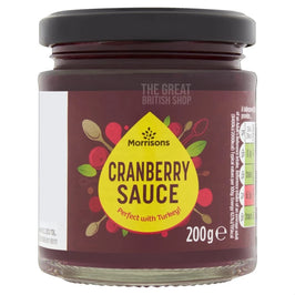 Morrisons Cranberry Sauce 200g in a glass jar with a black lid and a burgundy label showing a yellow droplet and cranberries.