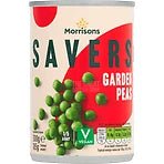 Morrisons Savers Garden Peas 300g: front of the tin showing peas and vegetarian logo.