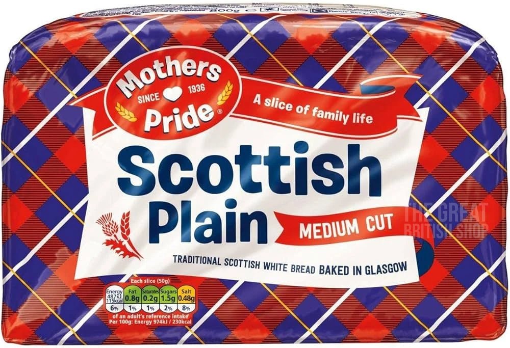 Mothers Pride Scottish Plain White Medium Sliced Bread - 800g imported British grocery product available in Canada
