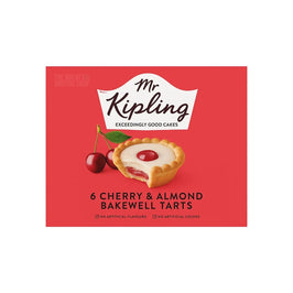 Mr Kipling 6 Cherry & Almond Bakewell Tarts 318g: front of the red box with tart and cherries.