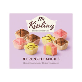 Mr Kipling 8 French Fancies 223g: front of the box showing pink, yellow and chocolate iced cakes.