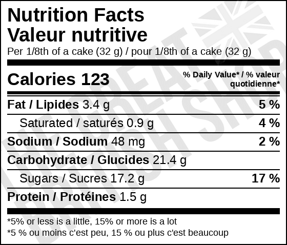 Mr Kipling Battenberg 230g nutrition facts label (valeur nutritive): 123 calories per 32 g serving