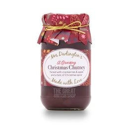 Mrs Darlington's Cracking Christmas Chutney 312g: the jar with its red patterned fabric lid topper.
