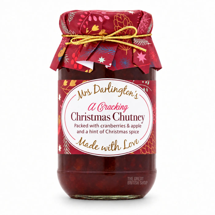 Mrs Darlington's Cracking Christmas Chutney 312g, front view of the original product packaging.