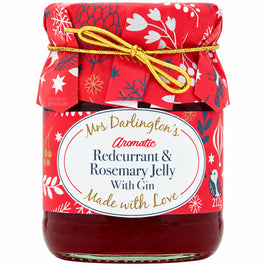 Mrs Darlington's Redcurrant & Rosemary Jelly With Gin 212g, front view of the original product packaging.