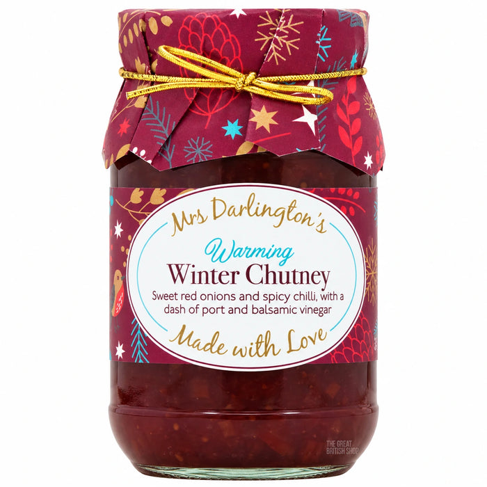 Mrs Darlington's Warming Winter Chutney 312g, glass jar with a burgundy festive paper cover and gold tie.