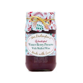 Mrs Darlington’s Winter Berry Preserve with Mulled Wine 340g jar, with a festive floral lid cover and gold ribbon bow.