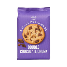 M&S All Butter Double Chocolate Chunk Cookies 200g, front of the purple pack with a cookie shown.