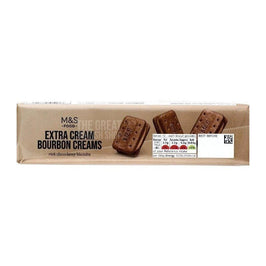 M&S Bourbon Cream Biscuits 165g: front of the pack showing three bourbon biscuits and nutrition table.