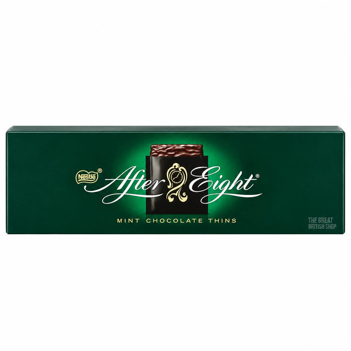 After Eight Mint Chocolate Thins 300g, front of the dark green carton box.