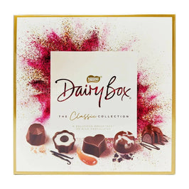 Nestlé Dairy Box 322g: front of the box showing assorted chocolates and gold trim
