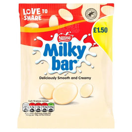 Nestle Milkybar Buttons 85g, front of the sharing bag showing white chocolate buttons.