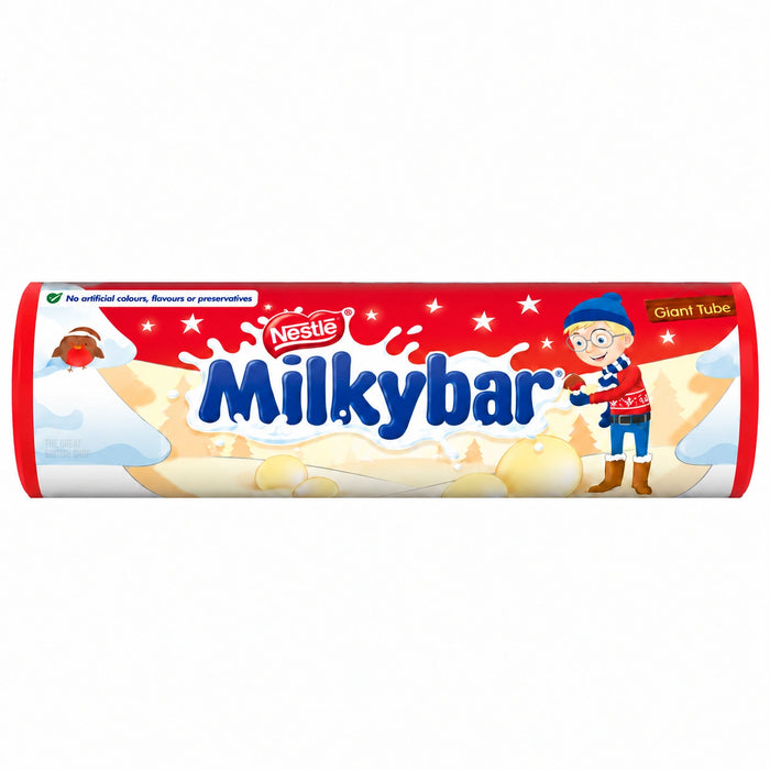 Nestlé Milkybar Giant Tube 80g, front-facing red Christmas tube with winter artwork