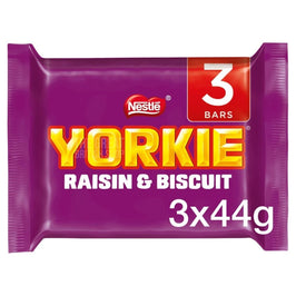 Nestle Yorkie Raisin & Biscuit 3x44g: front of the purple multipack showing all 3 bars label.