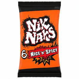 Nik Naks Nice 'N' Spicy six-pack, orange outer bag with black edging.