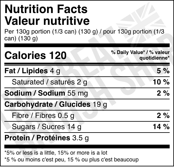 Ambrosia Devon Custard - 400g nutrition facts label / valeur nutritive