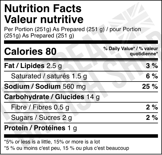 Batchelors Cup A Soup Golden Vegetable - 4 Pack nutrition facts label / valeur nutritive