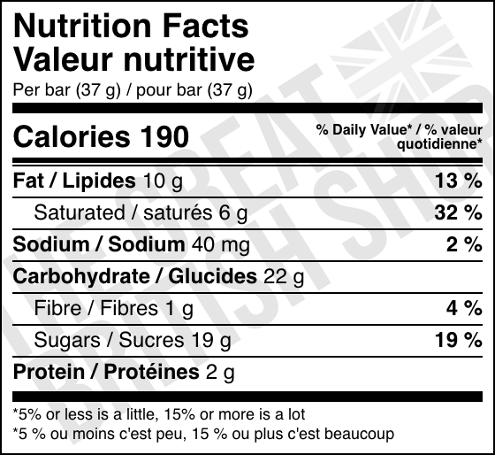 Cadbury Boost 4 Pack - 126g nutrition facts label / valeur nutritive