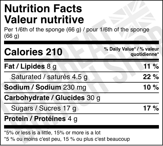 Green's Vanilla Sponge Mix - 221g nutrition facts label / valeur nutritive
