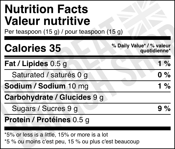 Hartley's Raspberry Jam - 340g nutrition facts label / valeur nutritive