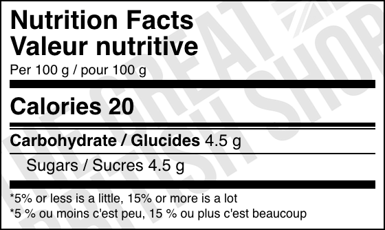 J2O Orange & Passion - 275ml nutrition facts label / valeur nutritive