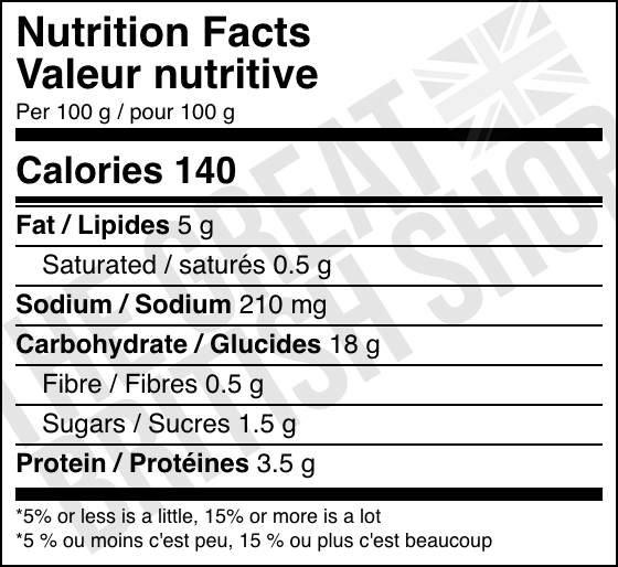 Pot Noodle Beef & Tomato - 90g nutrition facts label / valeur nutritive