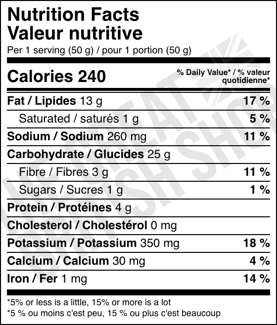 Taylors Mature Cheddar & Onion Potato Crisps - 150g nutrition facts label / valeur nutritive