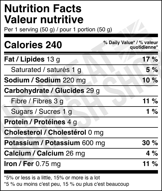 Taylors Sea Salt & Vinegar Potato Crisps - 150g nutrition facts label / valeur nutritive
