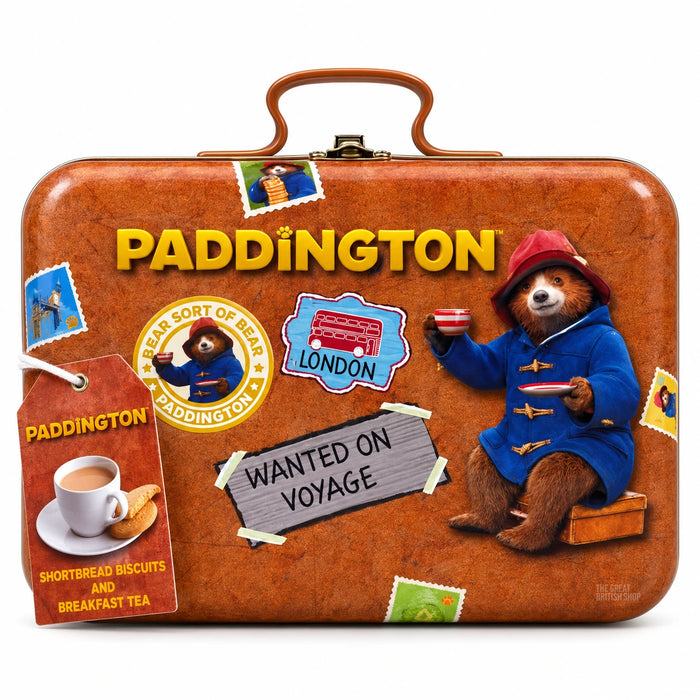 Paddington tea and shortbread 275g, brown suitcase tin with a tea-and-biscuit gift tag.