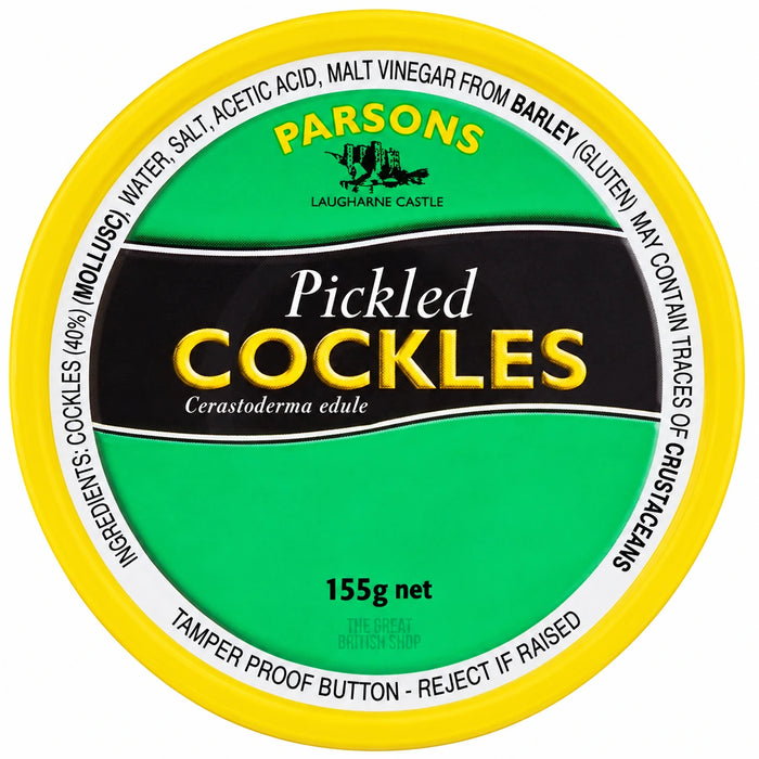 Parsons Pickled Cockles 155g jar lid, shown straight on with a yellow rim and green and black Parsons label.