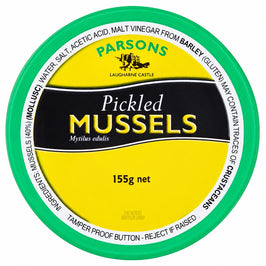 Parsons Pickled Mussels 155g jar lid, shown straight on with a green rim and the yellow and black Parsons label.