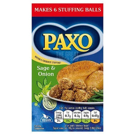 Paxo Sage & Onion Stuffing Makes 6: front of the box showing stuffing balls and nutrition table.