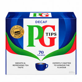 PG Tips Decaf 70 teabags, in a blue box with a red and green logo and a blue teacup pictured.