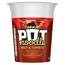 Pot Noodle Beef & Tomato 90g: the pot with foil lid showing the bull logo and flavour name.