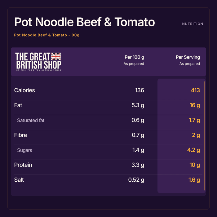 Pot Noodle Beef & Tomato - 90g imported British grocery product available in Canada